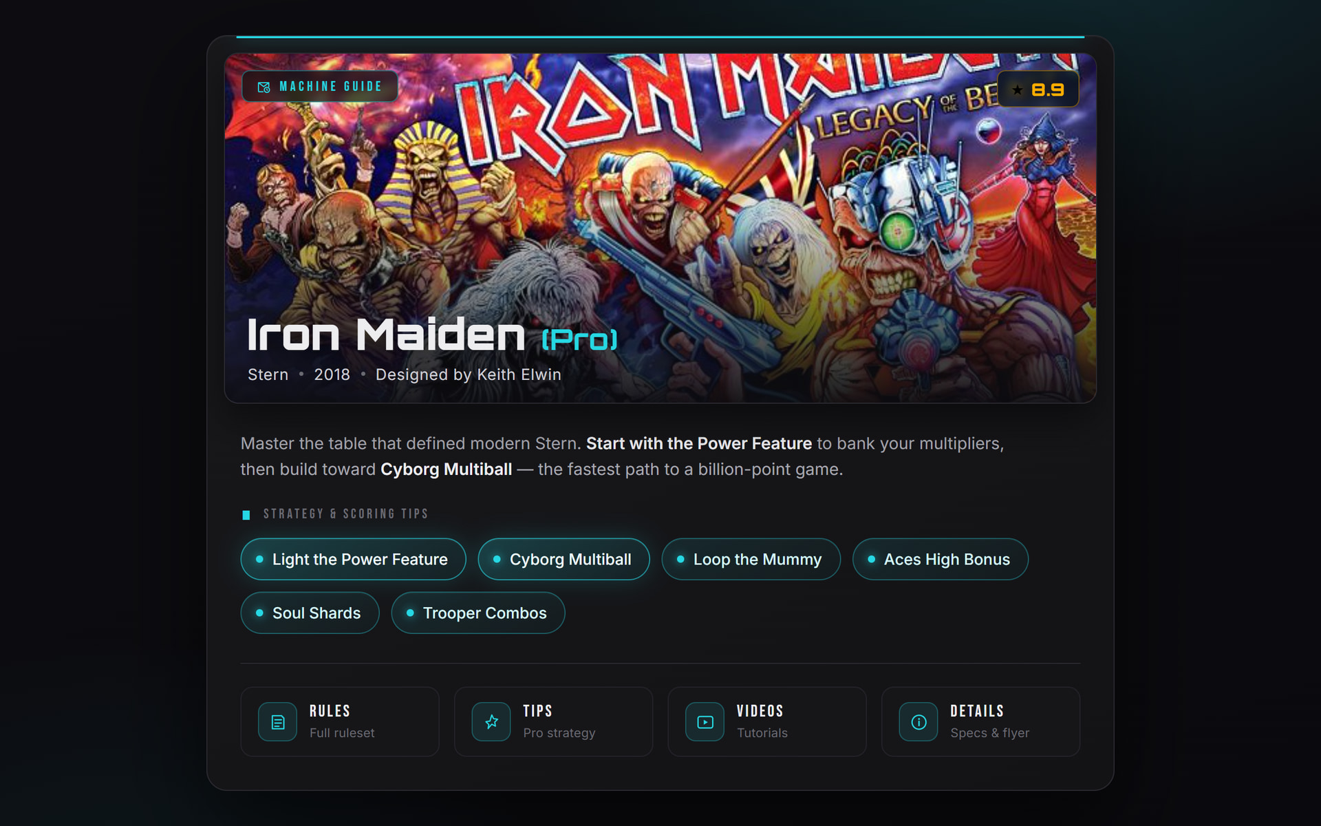 A Flippd machine guide for Iron Maiden with rating, strategy tips, and rules