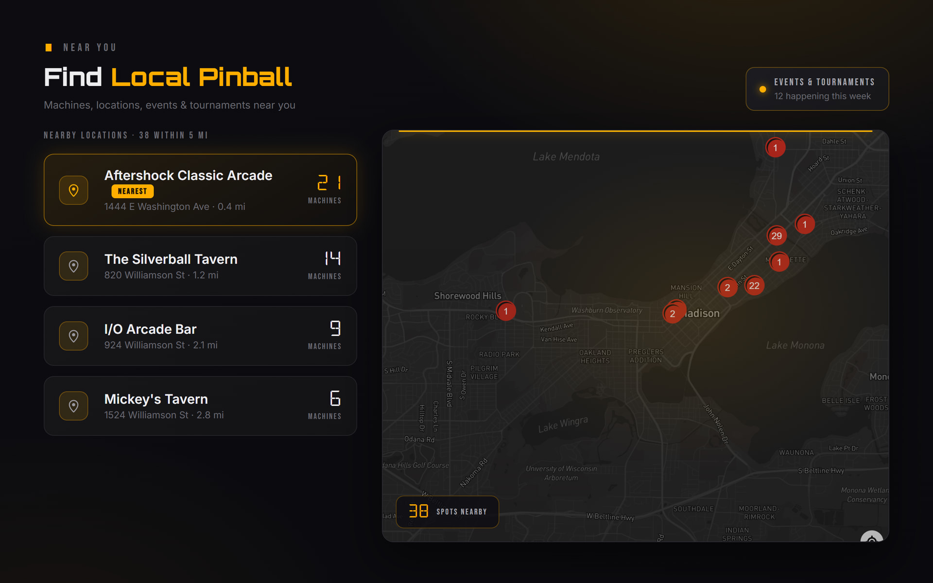 A map of nearby pinball locations with machine counts on Flippd